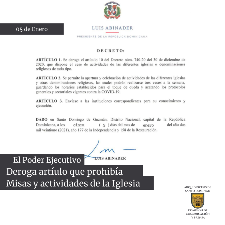 Poder Ejecutivo deroga artículo que prohibía Misas y actividades de la Iglesia