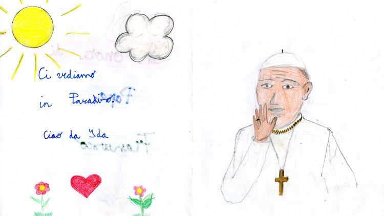 Uno de los dibujos realizados por los niños de una escuela primaria de Bolzano recordando al Papa Francisco.