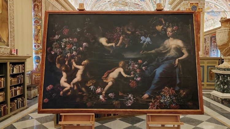 El Triunfo de Flora pintado por Mario de'Fiori y Raffaello Vanni en 1660 expuesto en el Salone Sistino de la Biblioteca Vaticana
