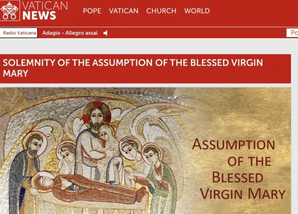 Vatican News utilizó una imagen de un mosaico Rupnik en la parte superior de un artículo para la solemnidad de la Asunción de María el 15 de agosto. Crédito: Captura de pantalla de Vatican News