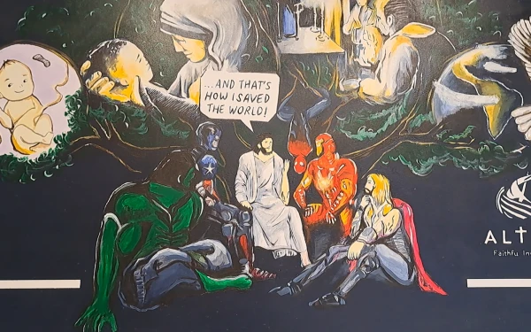La sede de Altum tiene una zona de descanso presidida por un mural que resume los pilares de sus criterios de inversión: vida, familia, dignidad humana y cuidado de la creación. Crédito: Nicolás de Cárdenas / ACI Prensa.